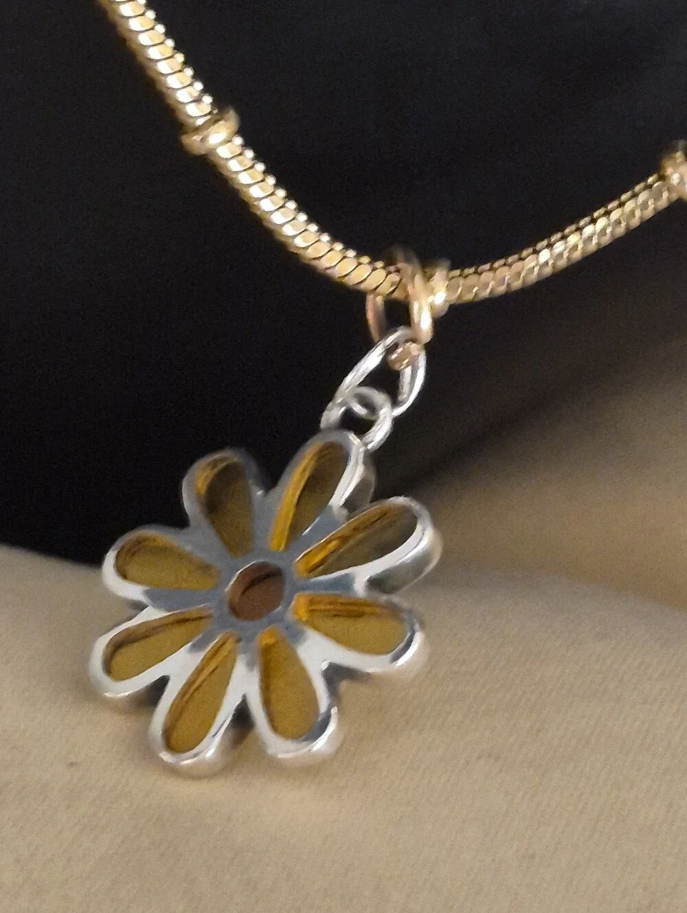 Handmade Sterling Silver Yellow Glass Inlay Daisy Pendant Leather Chain Choker